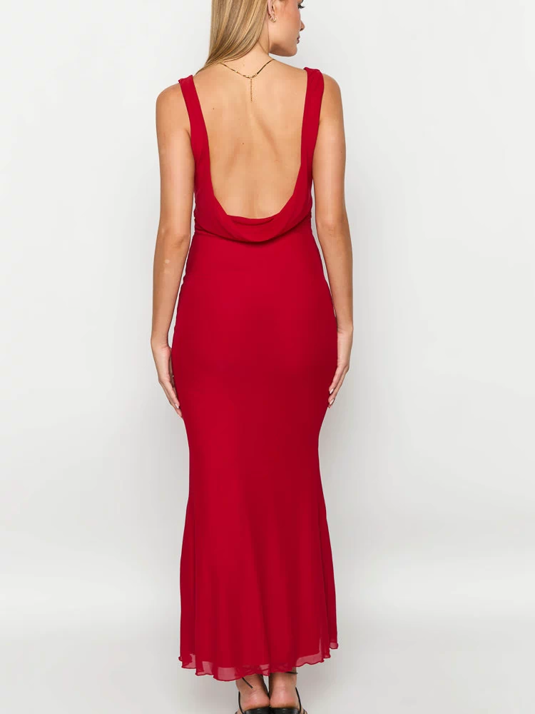 Rear view of a red maxi dress with a low draped cowl back and flowing skirt