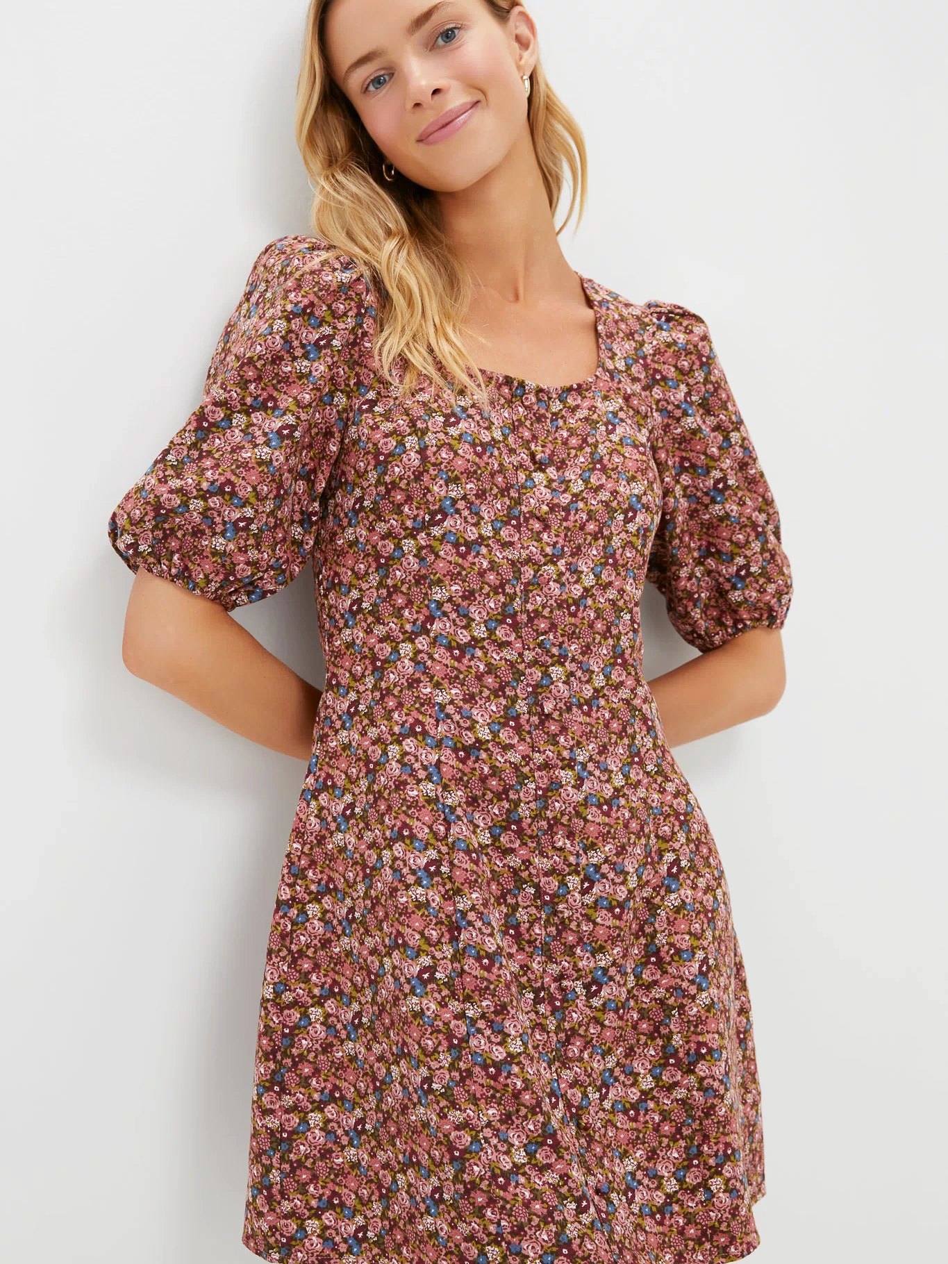 Mauve Ditsy Floral Button Front Corduroy Bryant Mini Dress