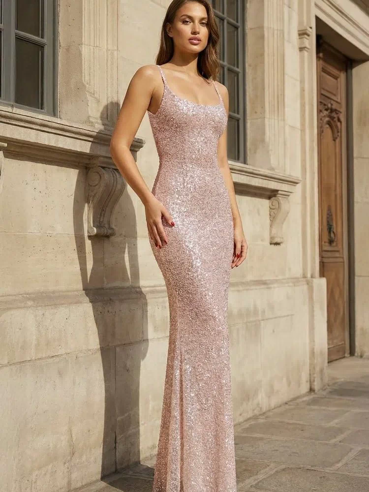 Simple Pink Mermaid Straps Sequin Prom Dresses With Split - KISSPROM PROM DRESSES