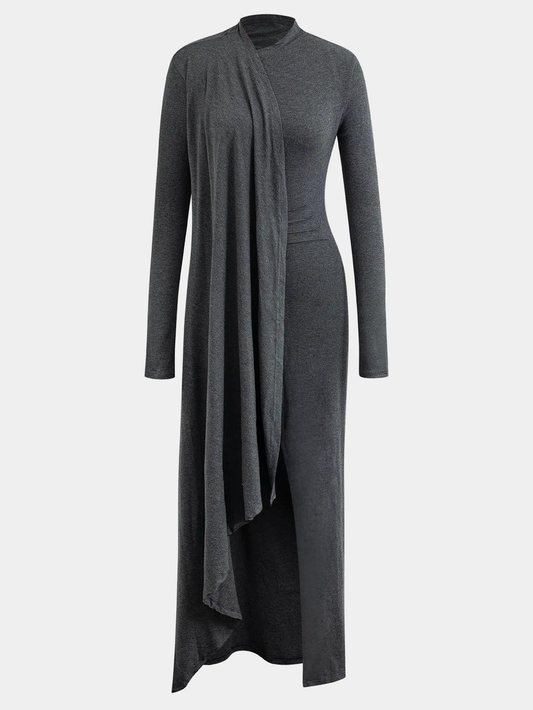 Mock Neck Wrap Ruched Long Sleeve Slit Maxi Dress