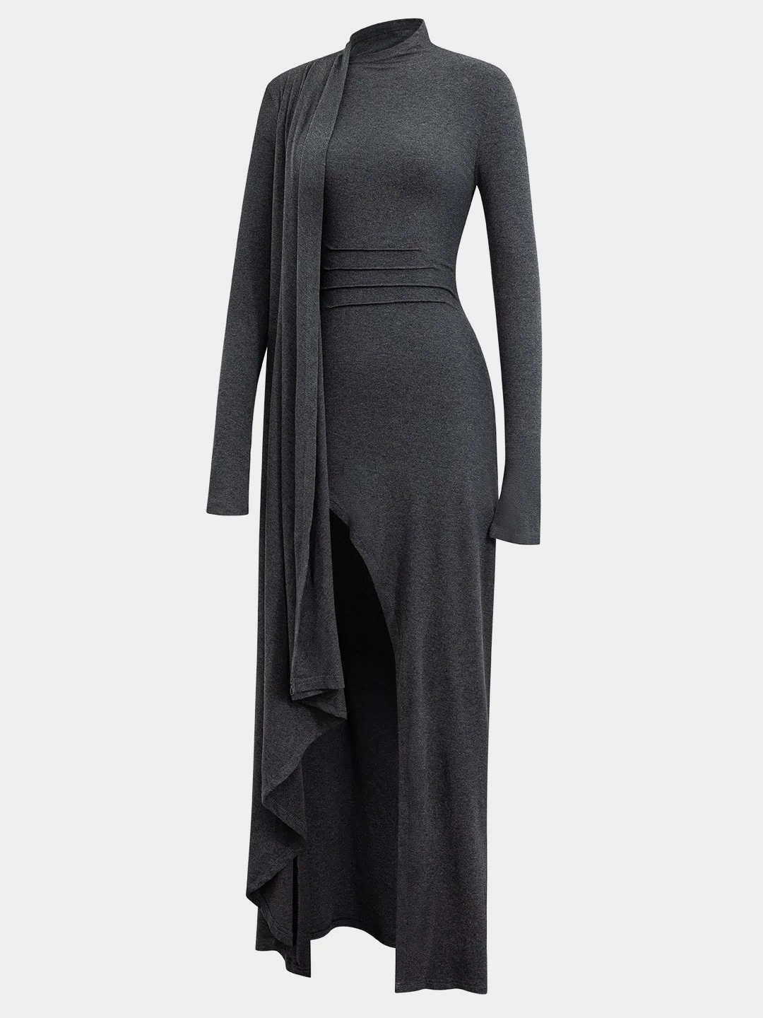 Mock Neck Wrap Ruched Long Sleeve Slit Maxi Dress