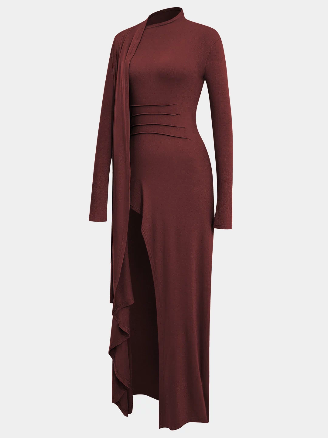 Mock Neck Wrap Ruched Long Sleeve Slit Maxi Dress