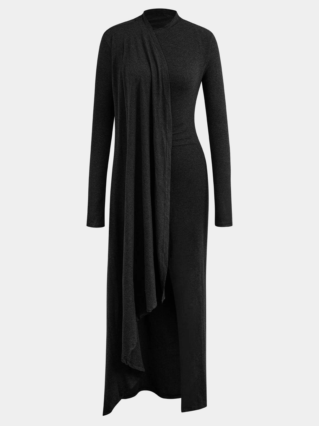 Mock Neck Wrap Ruched Long Sleeve Slit Maxi Dress
