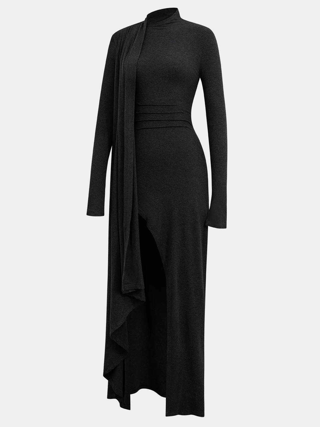 Mock Neck Wrap Ruched Long Sleeve Slit Maxi Dress