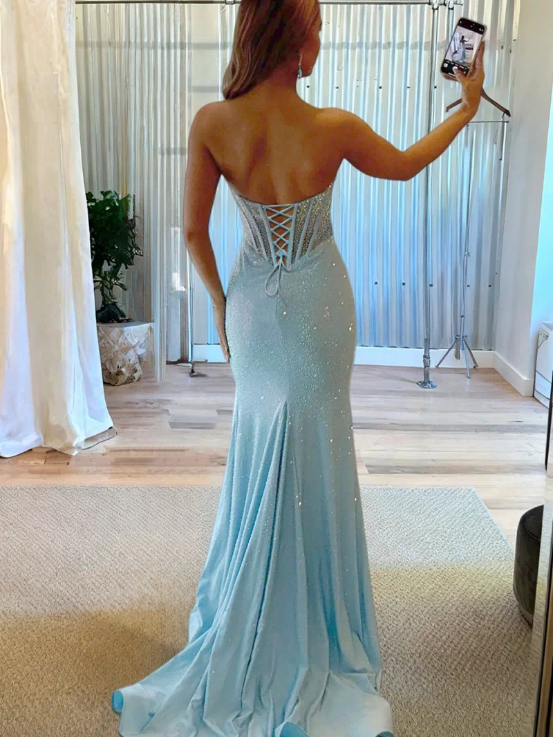 Melissia | Sky Blue - Strapless Mermaid Satin Beaded Long Formal Prom Dresses With Slit - KissProm
