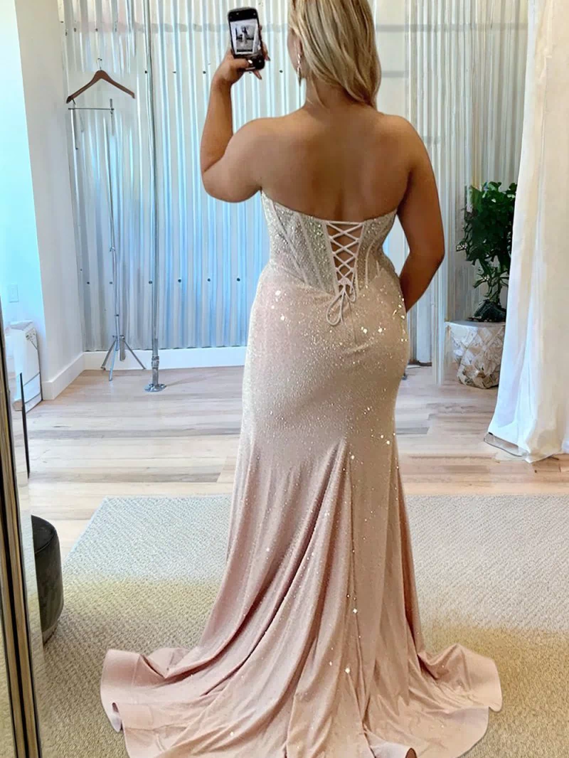 Melissia | Pink - Strapless Mermaid Satin Beaded Long Formal Prom Dresses With Slit-KissProm