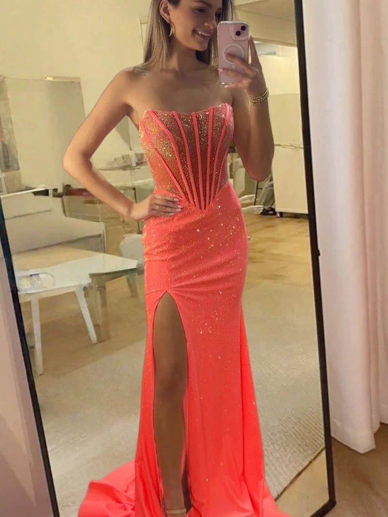 Melissia | Orange - Strapless Mermaid Satin Beaded Long Formal Prom Dresses With Slit-KissProm
