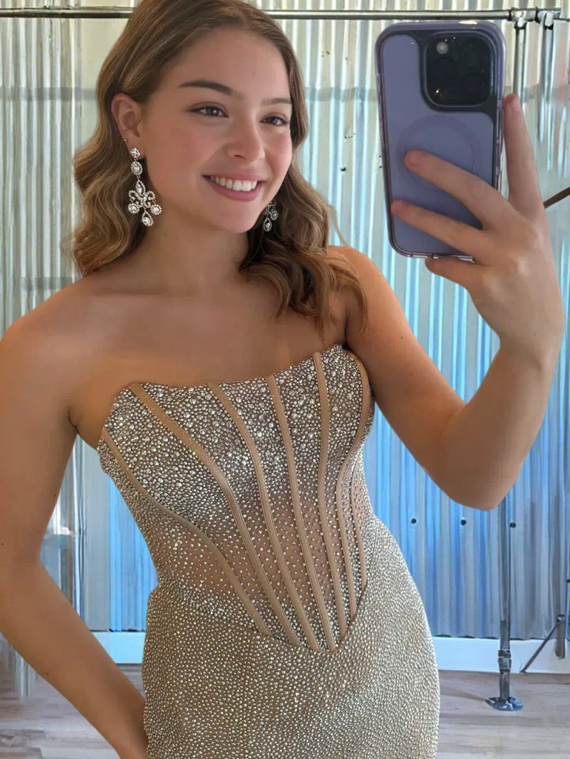 Melissia | Champagne - Strapless Mermaid Satin Beaded Long Formal Prom Dresses With Slit-KissProm