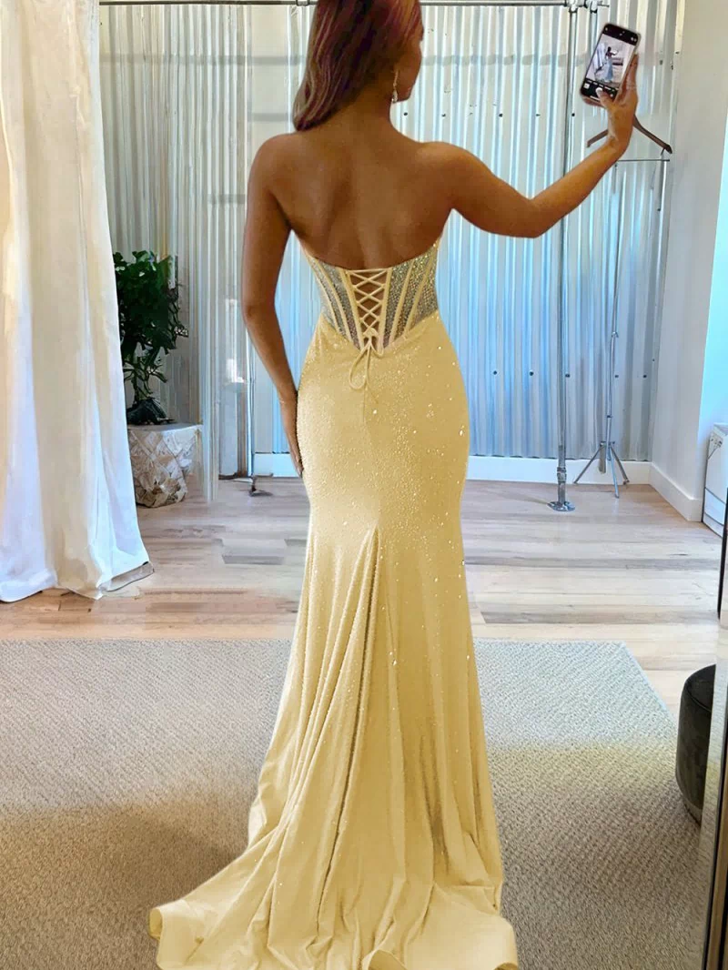 Melissia | Yellow - Strapless Mermaid Satin Beaded Long Formal Prom Dresses With Slit - KissProm