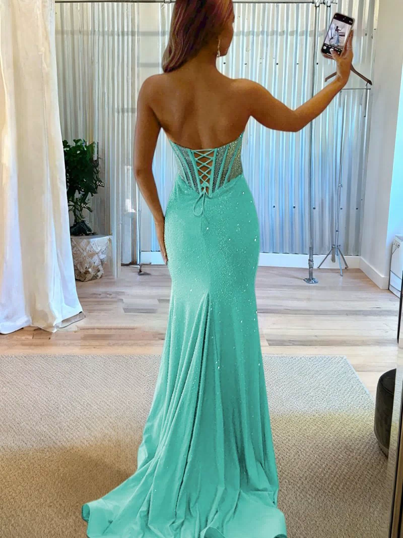 Melissia | Aqua - Strapless Mermaid Satin Beaded Long Formal Prom Dresses With Slit - KissProm