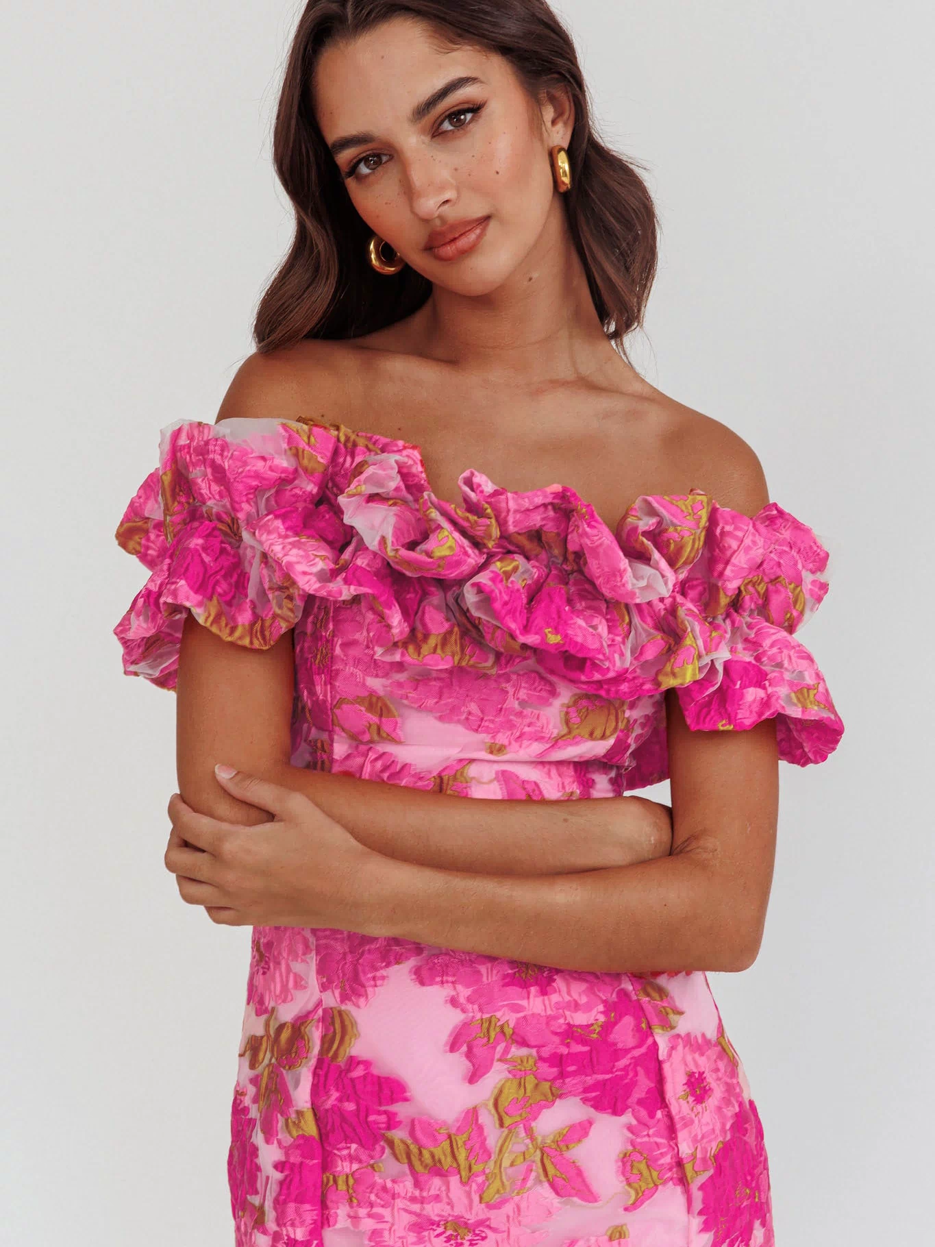 Memoire Off-Shoulder Textured Mini Dress Pink by Selfie Leslie