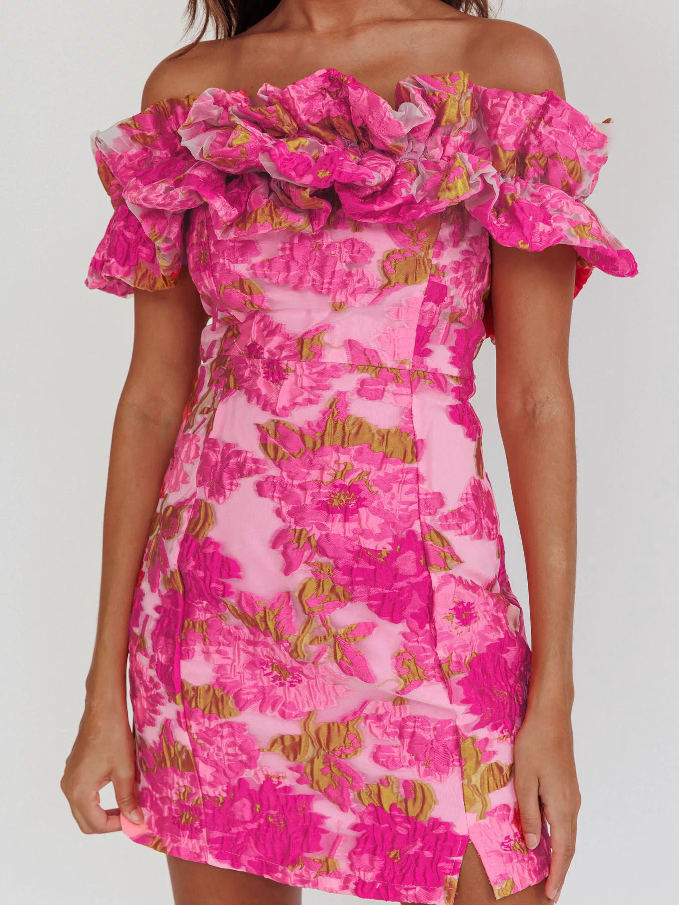 Memoire Off-Shoulder Textured Mini Dress Pink by Selfie Leslie
