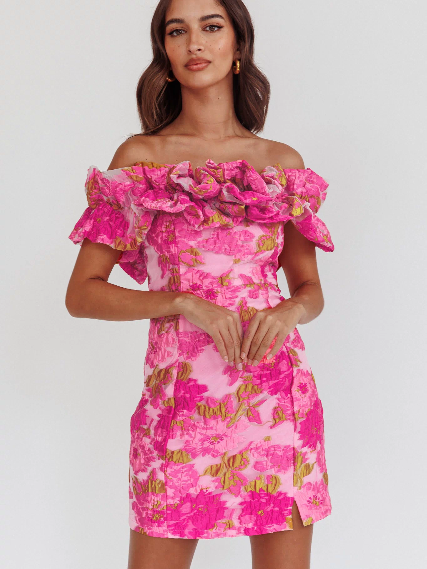 Memoire Off-Shoulder Textured Mini Dress Pink by Selfie Leslie