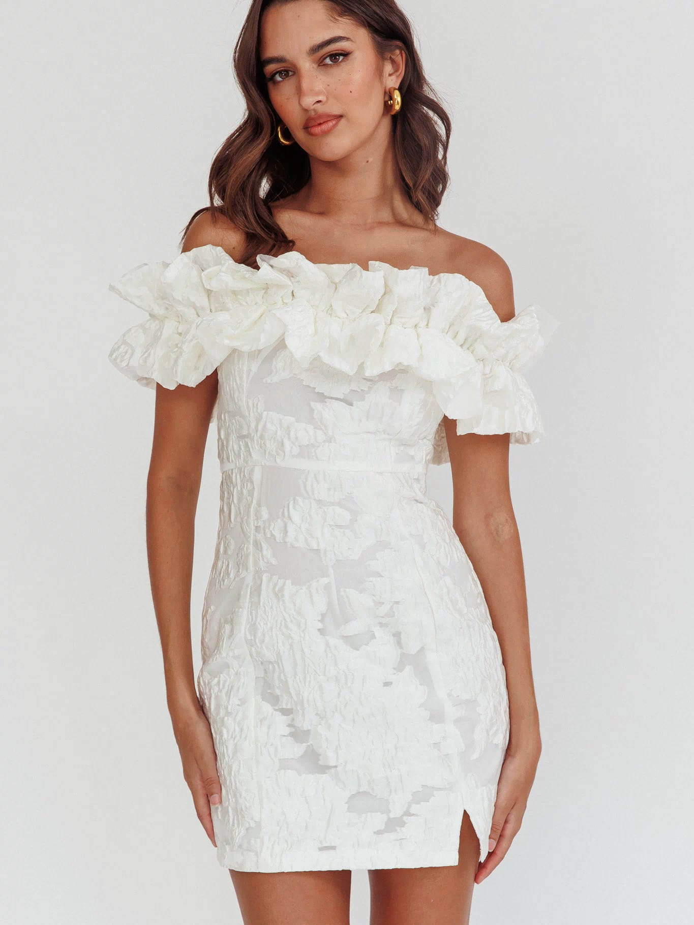 Memoire Off-Shoulder Textured Mini Dress White