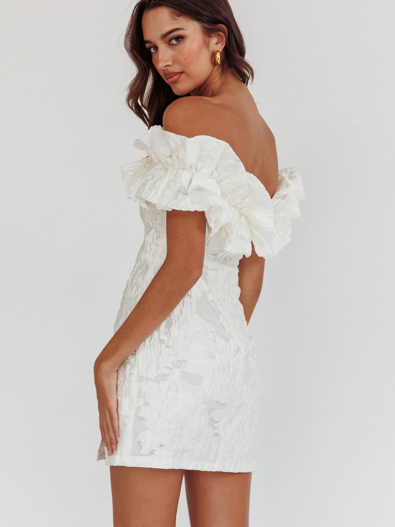 Memoire Off-Shoulder Textured Mini Dress White by Selfie Leslie