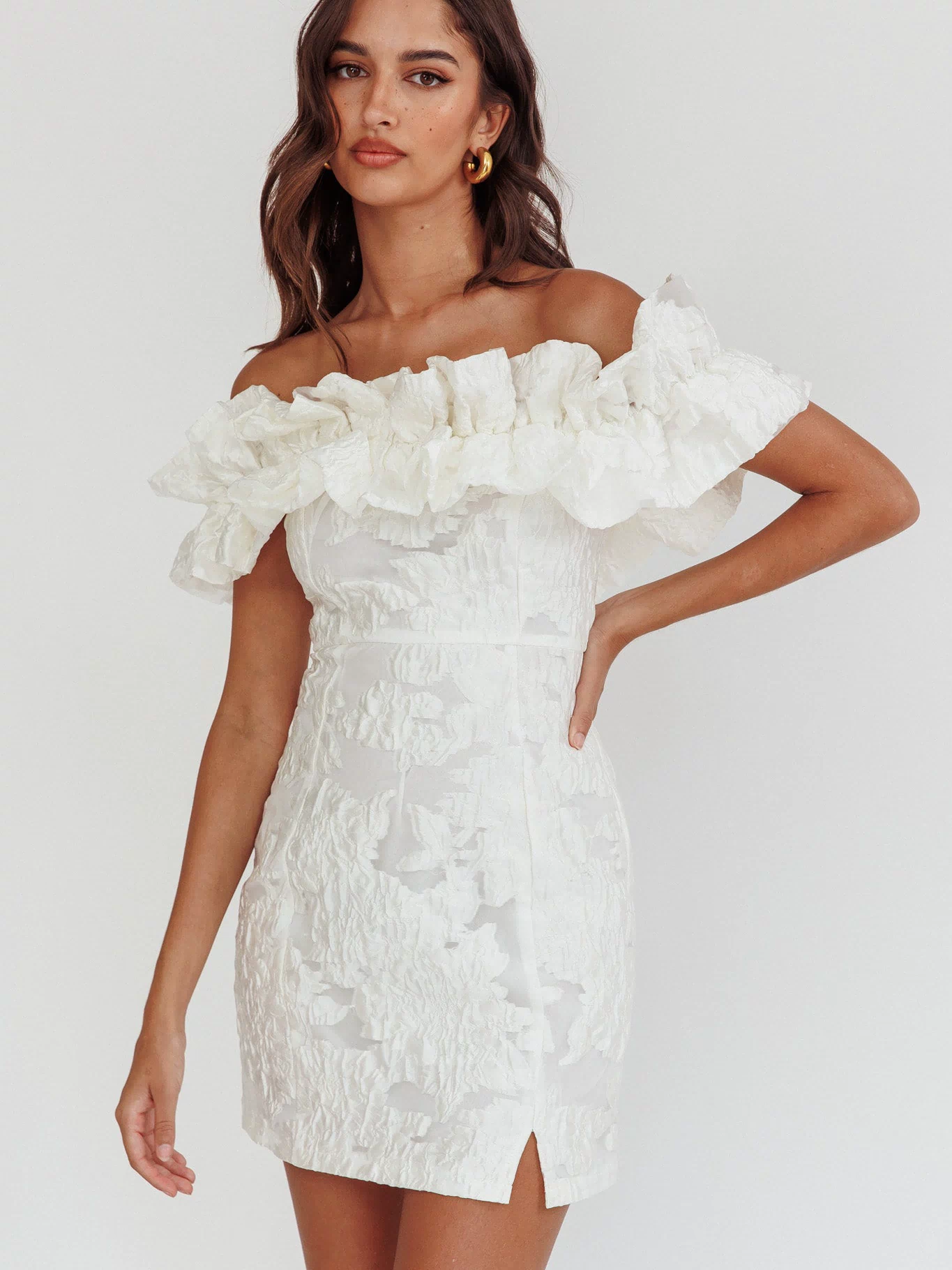 Memoire Off-Shoulder Textured Mini Dress White by Selfie Leslie