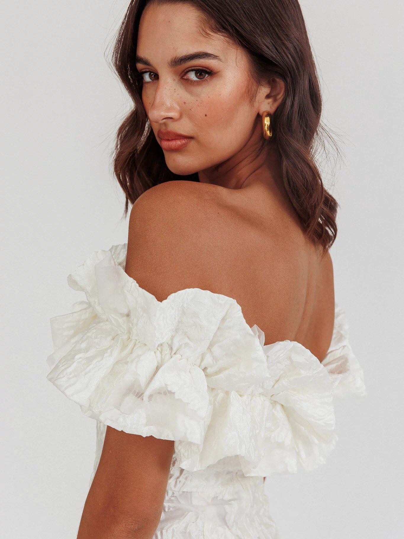 Memoire Off-Shoulder Textured Mini Dress White by Selfie Leslie
