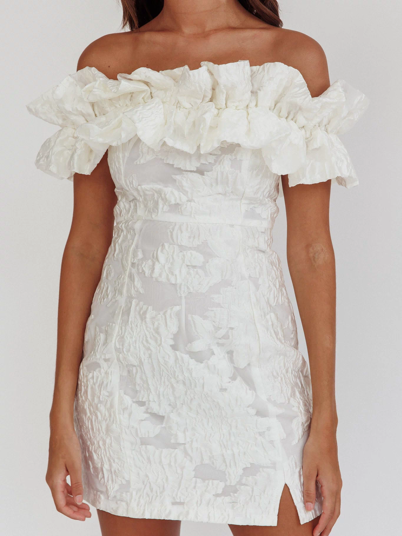 Memoire Off-Shoulder Textured Mini Dress White by Selfie Leslie
