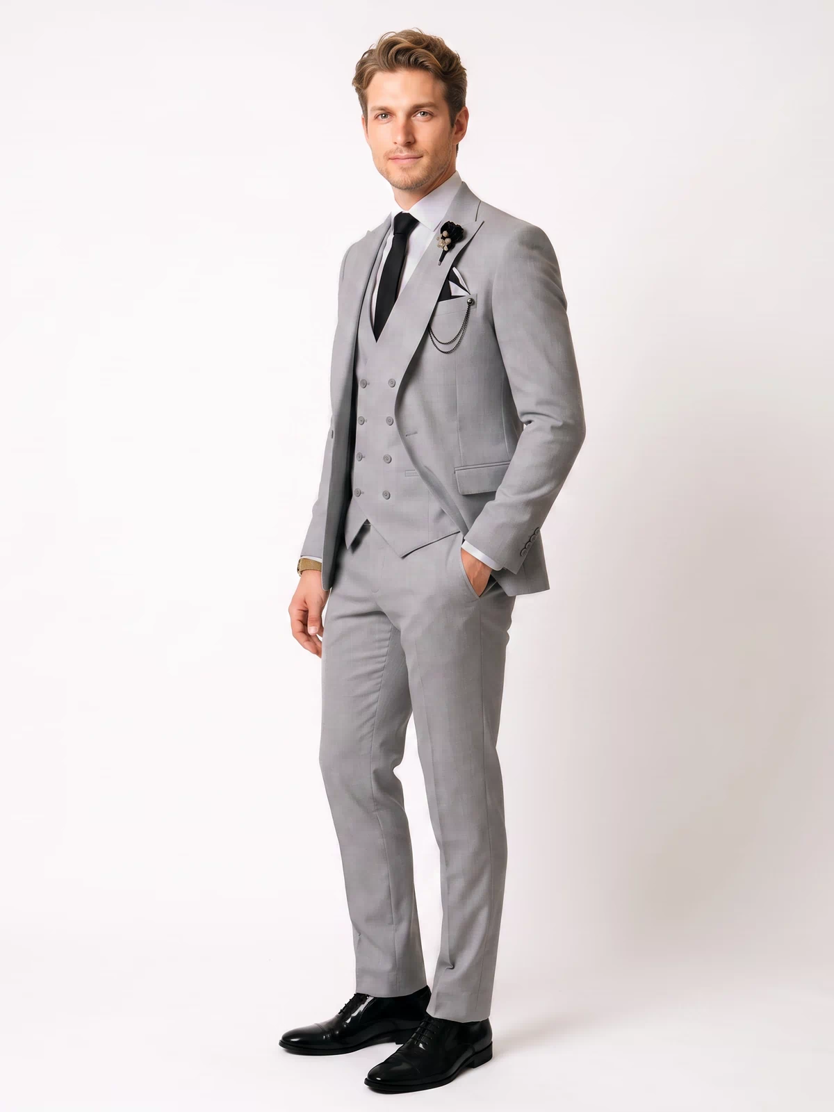Menseventwear 3 Piece Mens Suit Slim Fit Solid Peak Lapel Suit (Blazer + Vest + Pants) Mens Event Wear