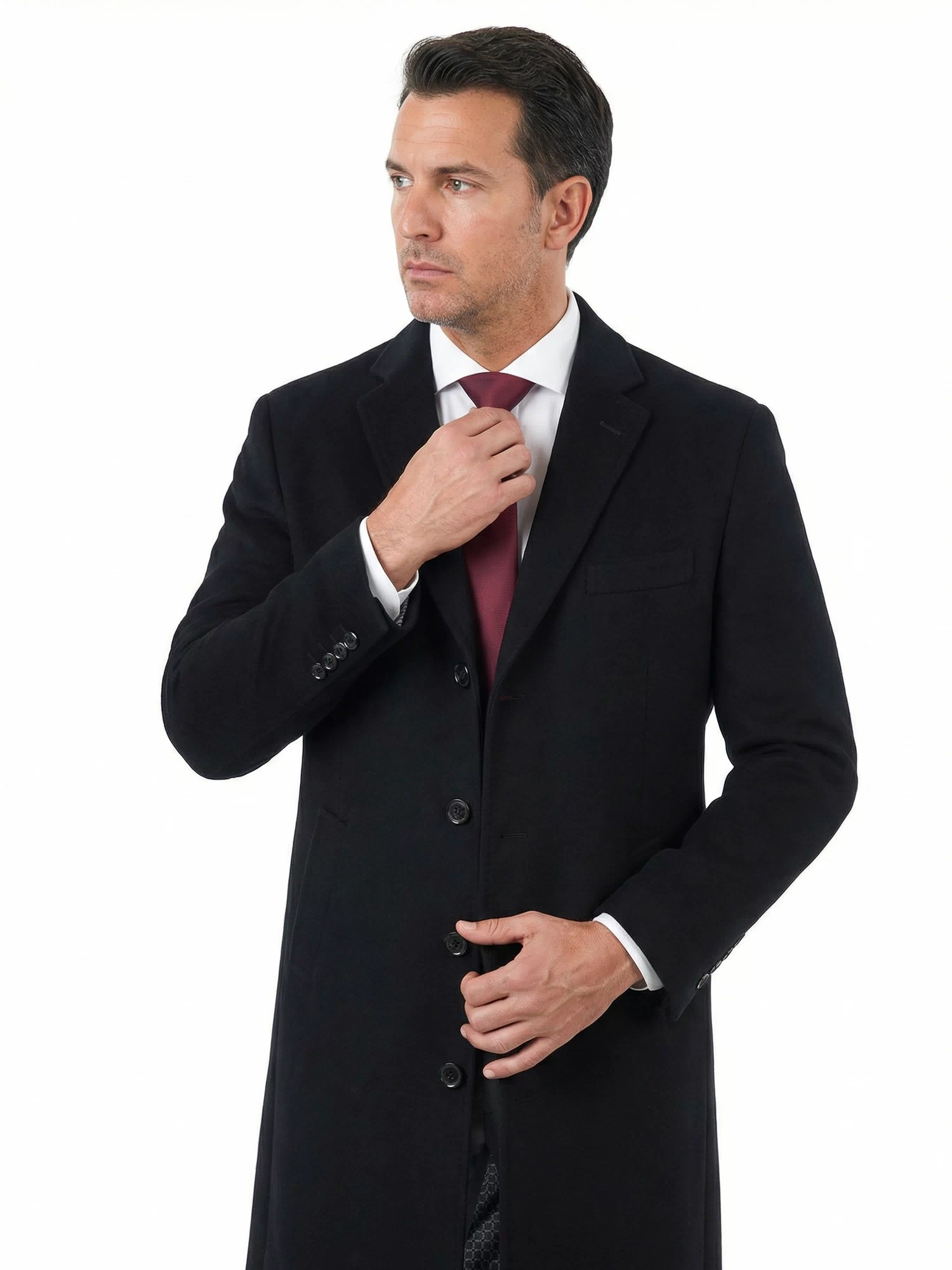 Mens Classic Fit Black Full Length Single Breasted Wool Cashmere Overcoat - The Suit Depot