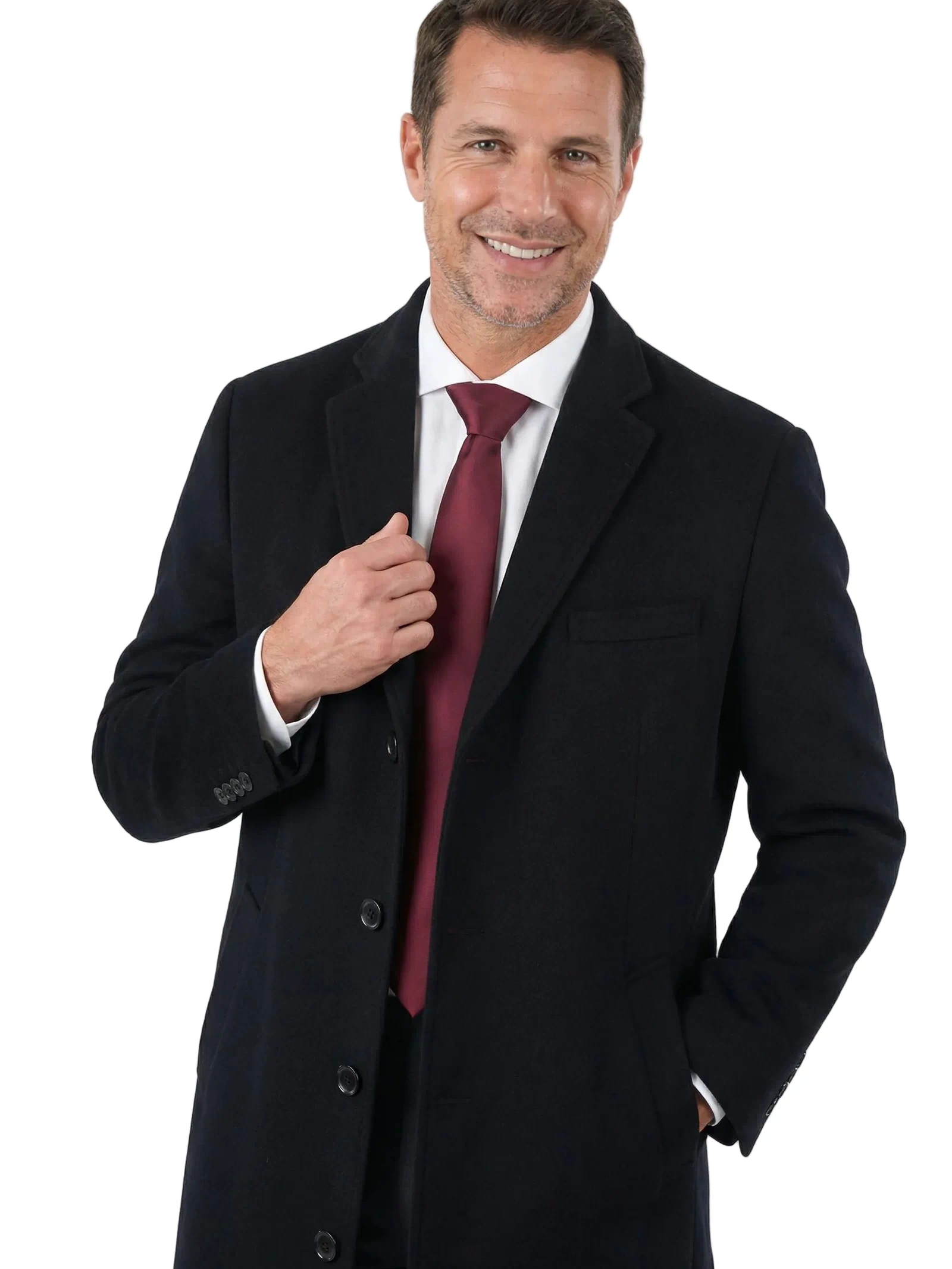 Mens Classic Fit Black Full Length Single Breasted Wool Cashmere Overcoat - The Suit Depot