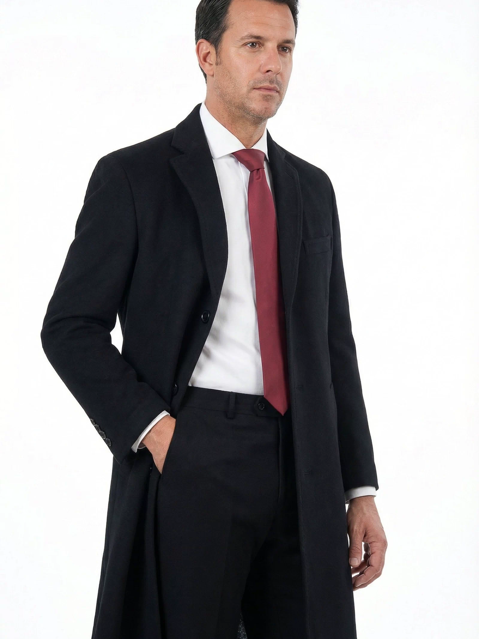 Mens Classic Fit Black Full Length Single Breasted Wool Cashmere Overcoat - The Suit Depot