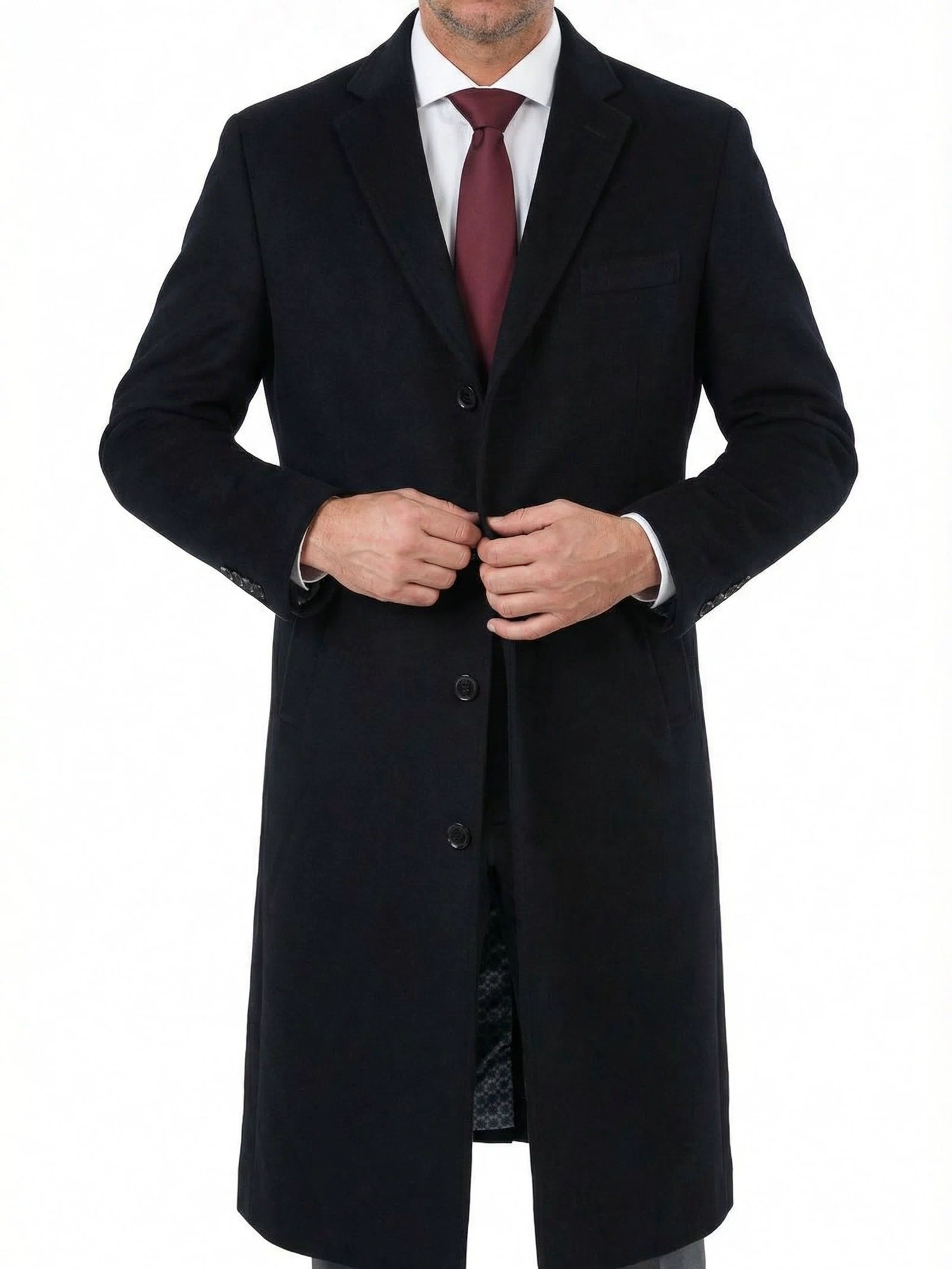 Mens Classic Fit Black Full Length Single Breasted Wool Cashmere Overcoat - The Suit Depot