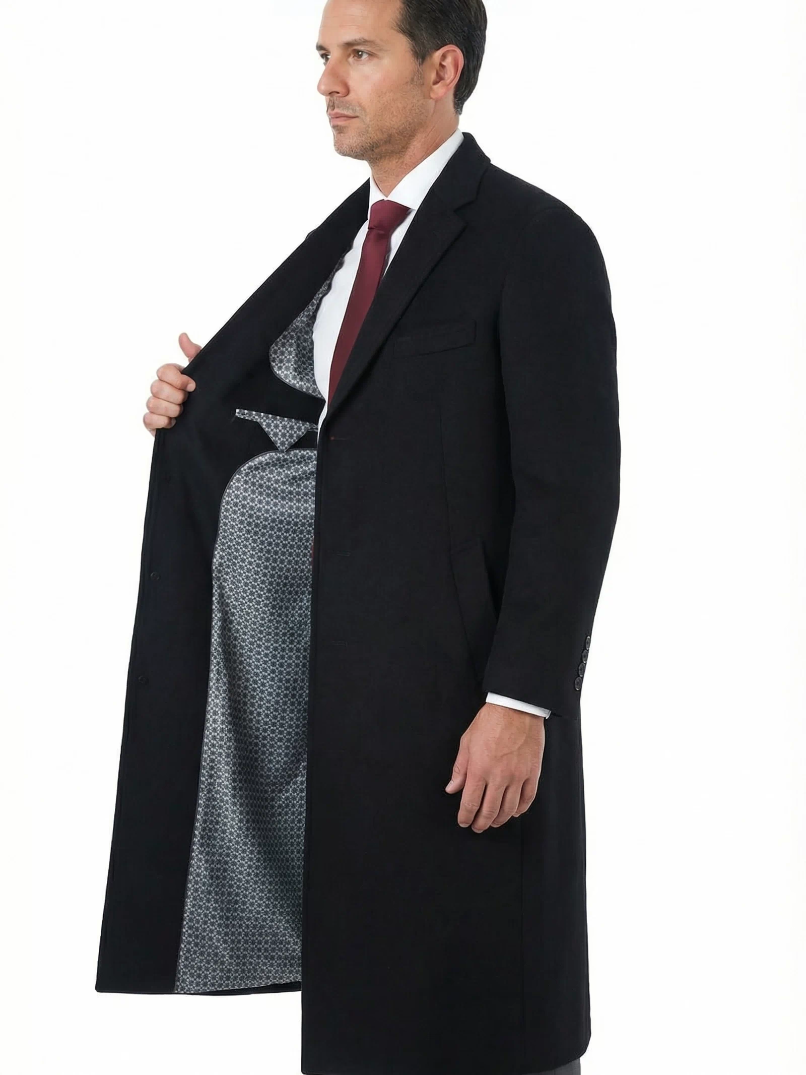 Mens Classic Fit Black Full Length Single Breasted Wool Cashmere Overcoat - The Suit Depot
