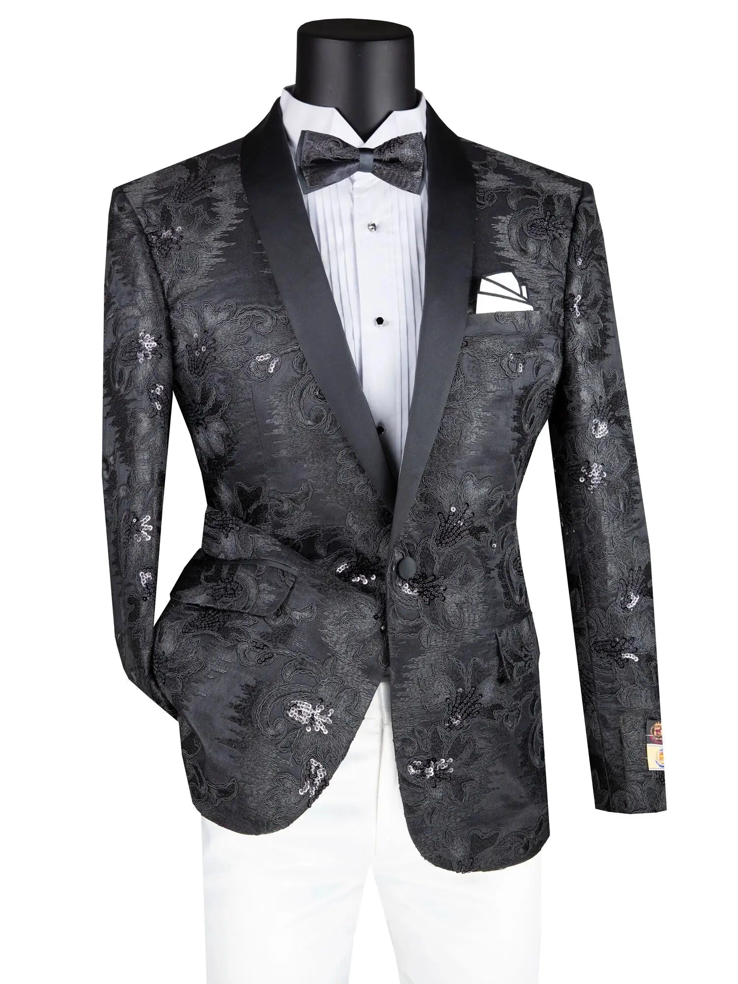 Men's Slim Fit Embroidery Blazer with Bowtie | Shawl Lapel Tuxedo Jacket
