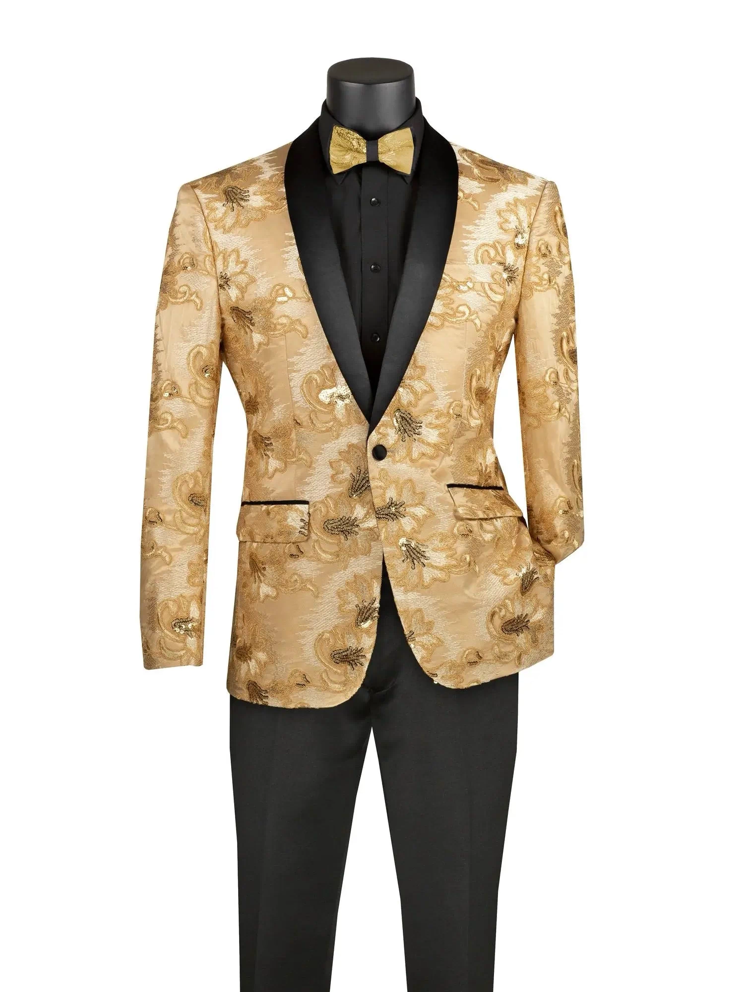 Men's Slim Fit Embroidery Blazer with Bowtie | Shawl Lapel Tuxedo Jacket M & R Clothing