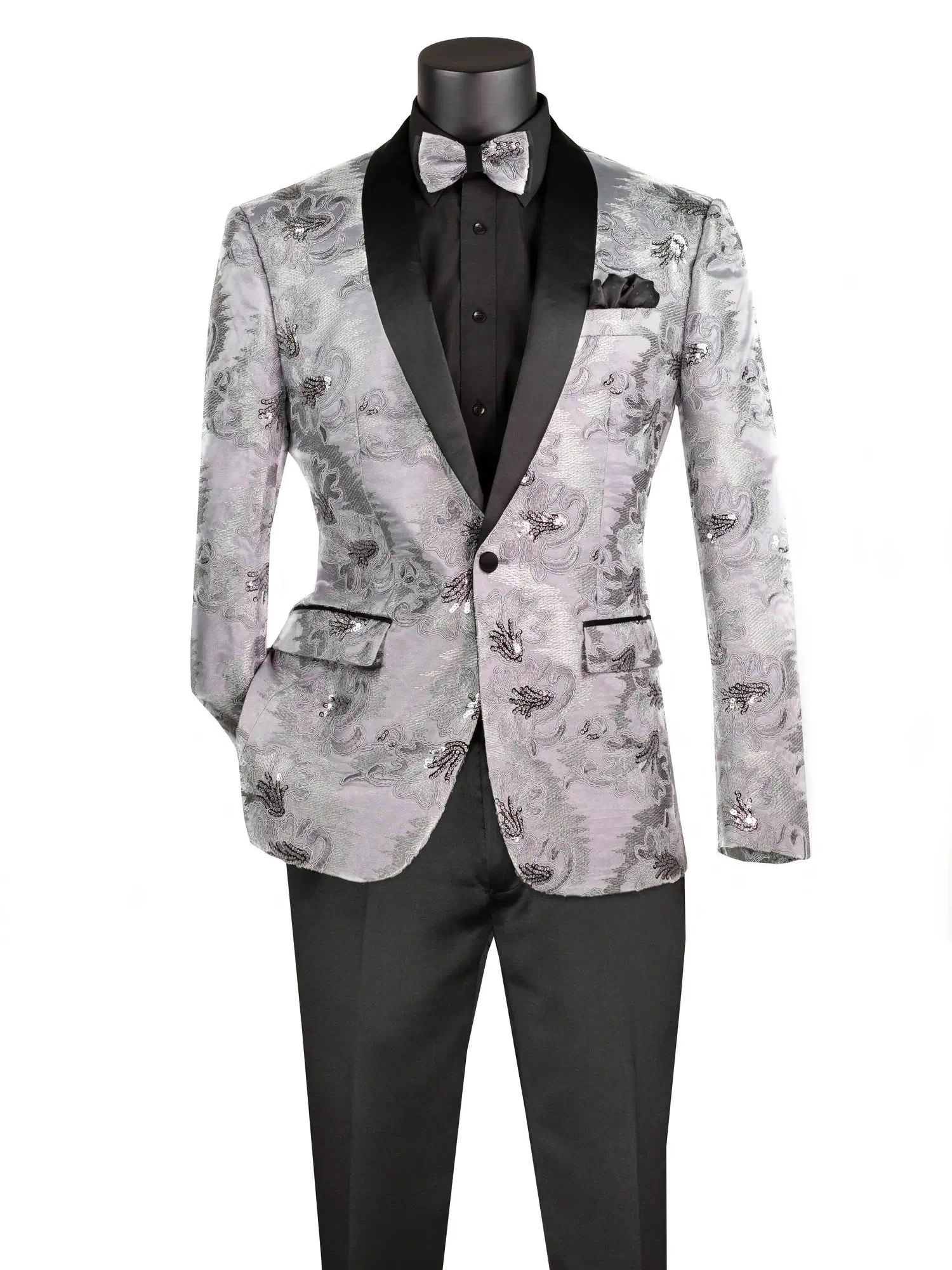 Men's Slim Fit Embroidery Blazer with Bowtie | Shawl Lapel Tuxedo Jacket M & R Clothing