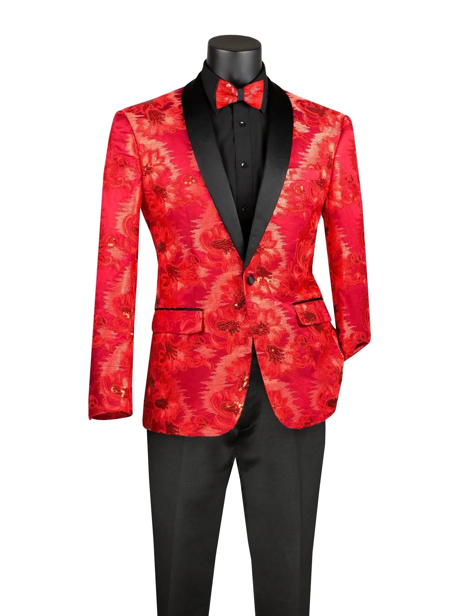 Men's Slim Fit Embroidery Blazer with Bowtie | Shawl Lapel Tuxedo Jacket M & R Clothing