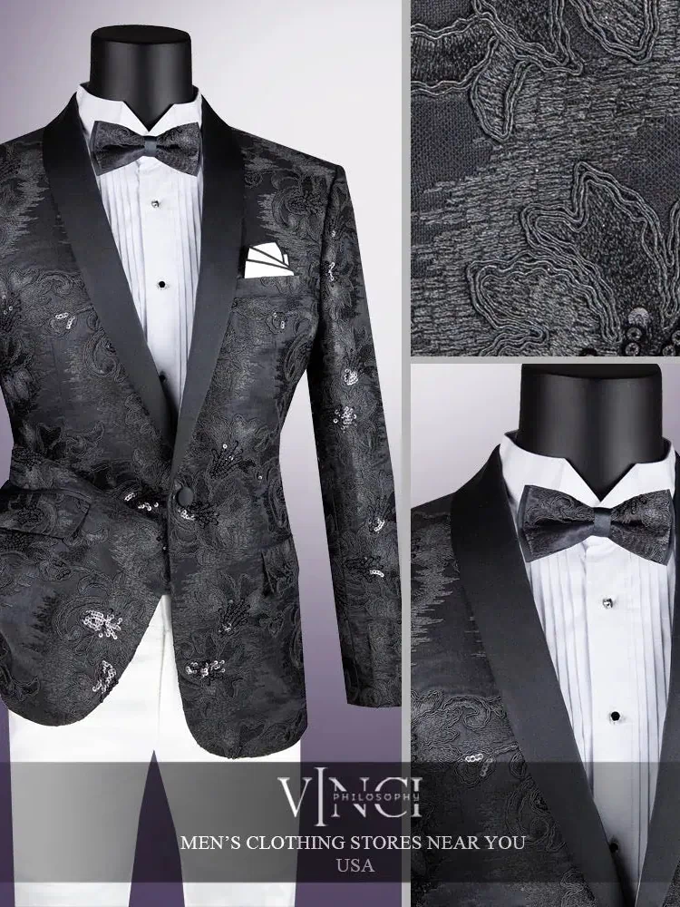 Men's Slim Fit Embroidery Blazer with Bowtie | Shawl Lapel Tuxedo Jacket M & R Clothing