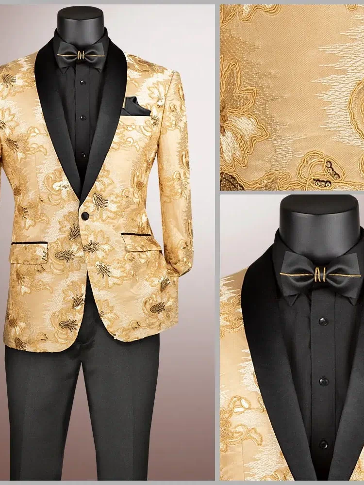 Men's Slim Fit Embroidery Blazer with Bowtie | Shawl Lapel Tuxedo Jacket M & R Clothing