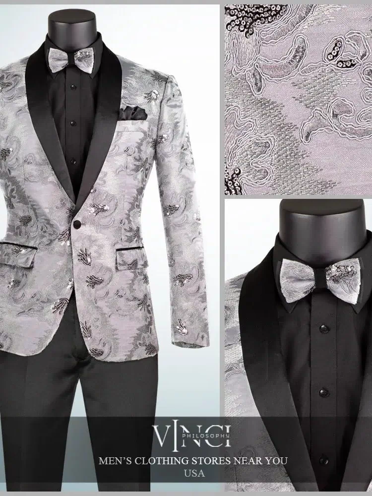 Men's Slim Fit Embroidery Blazer with Bowtie | Shawl Lapel Tuxedo Jacket M & R Clothing