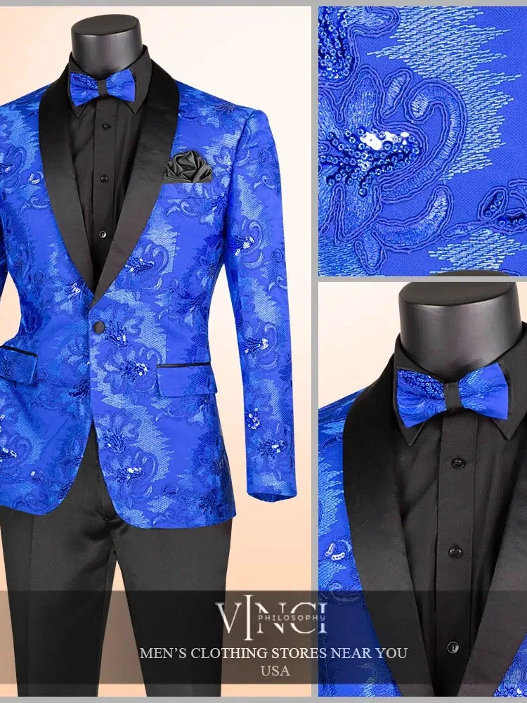 Men's Slim Fit Embroidery Blazer with Bowtie | Shawl Lapel Tuxedo Jacket M & R Clothing