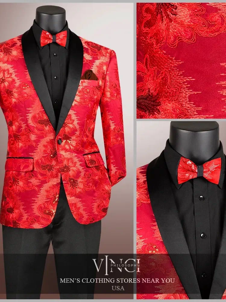Men's Slim Fit Embroidery Blazer with Bowtie | Shawl Lapel Tuxedo Jacket M & R Clothing