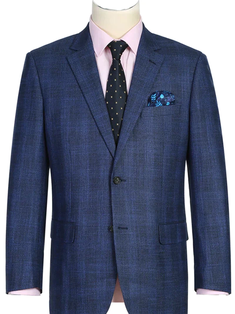 Mens Two Button Classic Fit Sport Coat Blazer in Navy Blue Windowpane Plaid