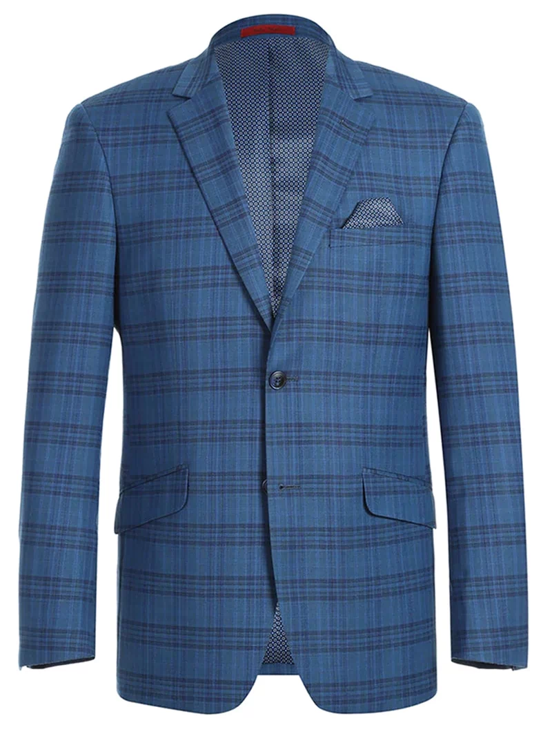 Mens Two Button Slim Fit Sport Coat Blazer in Medium Indigo Blue Windowpane Plaid