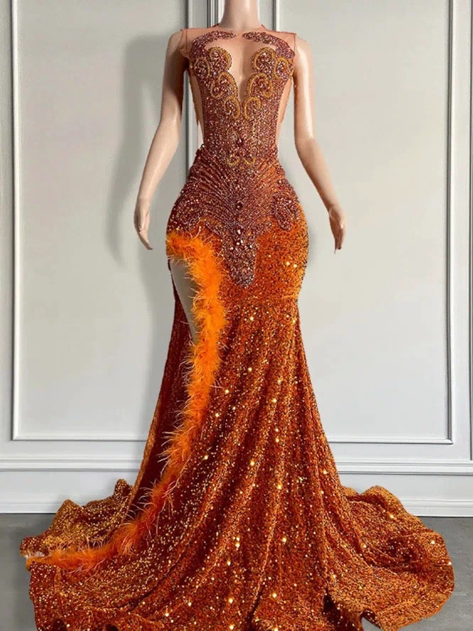 Mermaid Style Burnt Orange Sequins Prom Dress with Side Slit Long Length Beadings and Feathers