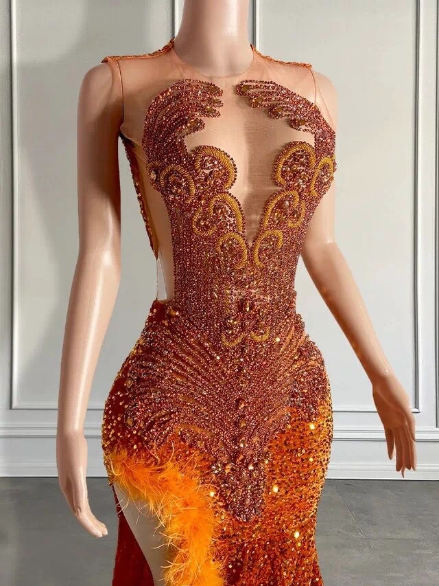 Mermaid Style Burnt Orange Sequins Prom Dress with Side Slit Long Length Beadings and Feathers-Ballbella