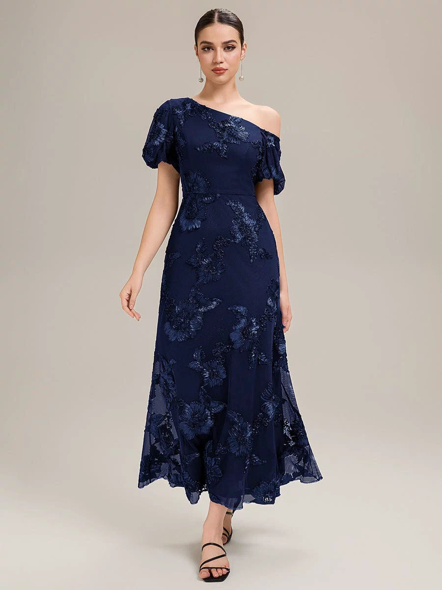 Mesh Embroidered Mermaid Evening Dress #color_Navy Blue