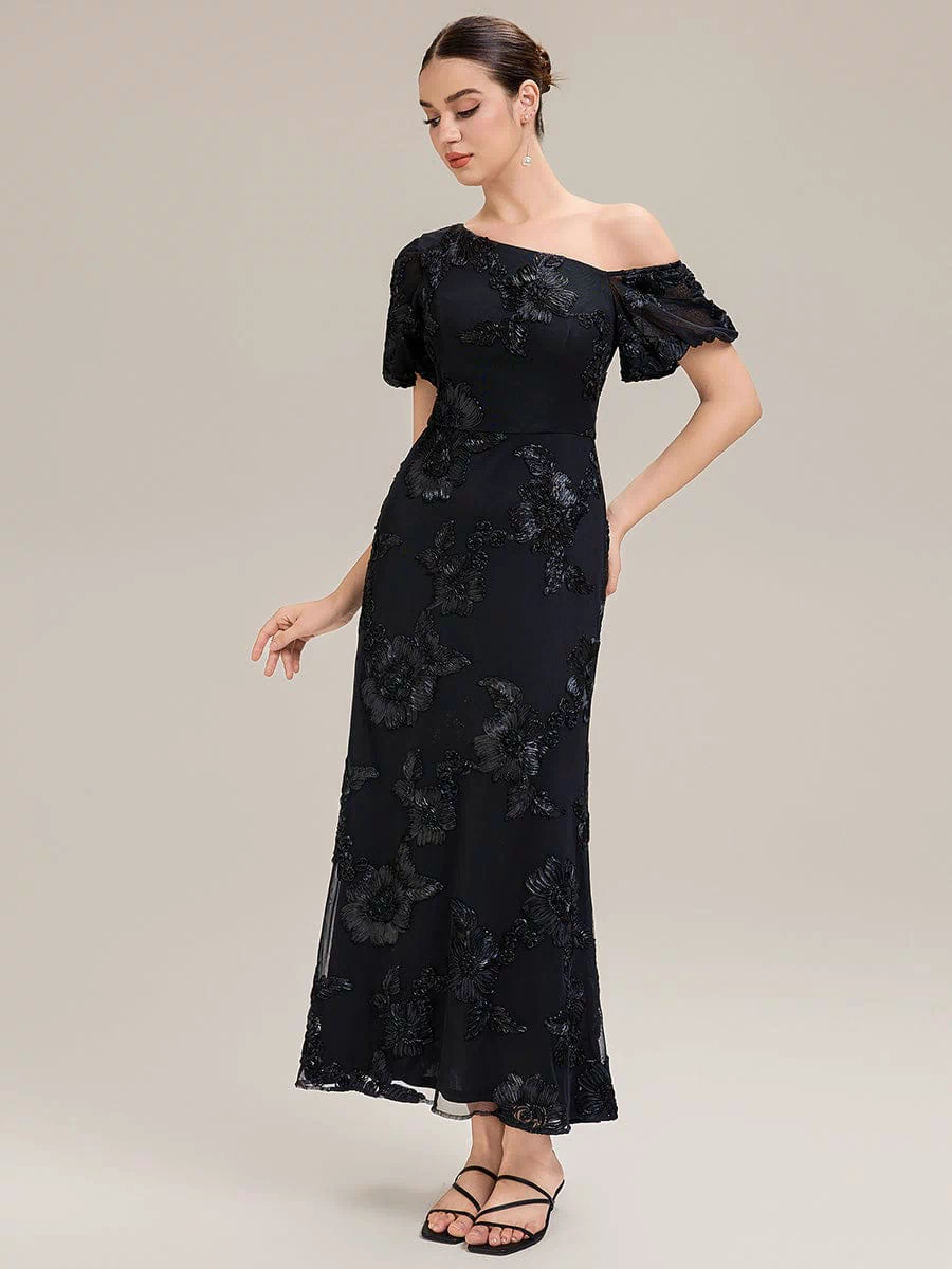 Mesh Embroidered Mermaid Evening Dress #color_Black