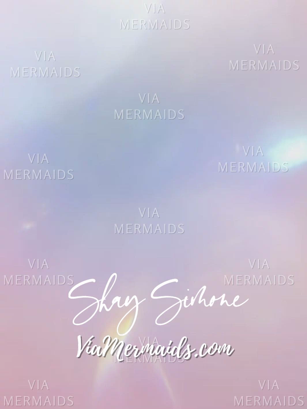 "Via Mermaids" branding showcases "Shay Simone" with a dreamy, iridescent background for website promotion.