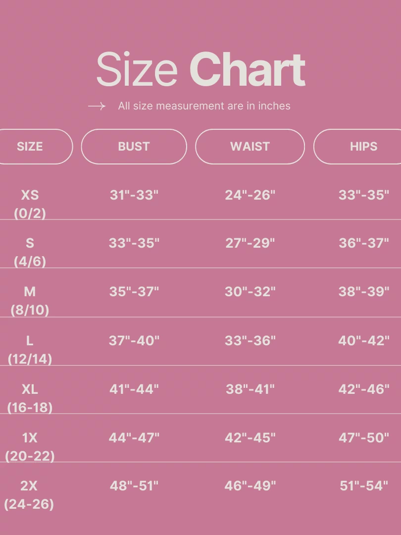 Clothing size chart for bust, waist, and hip measurements in inches, ranging from XS to 2X.