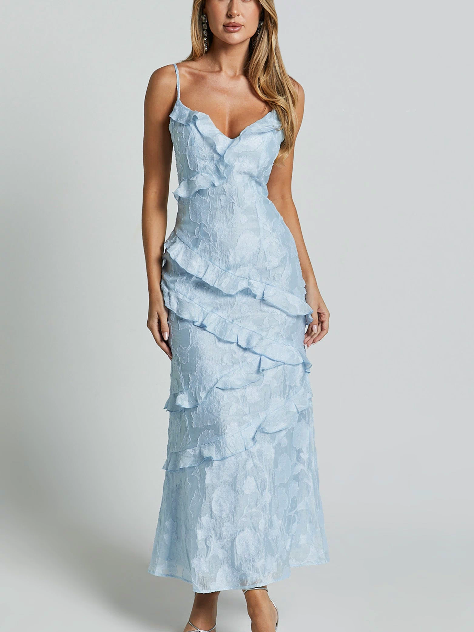 Michaela Midi Dress - Jacquard Ruffle Detail Tiered Dress in Light Blue