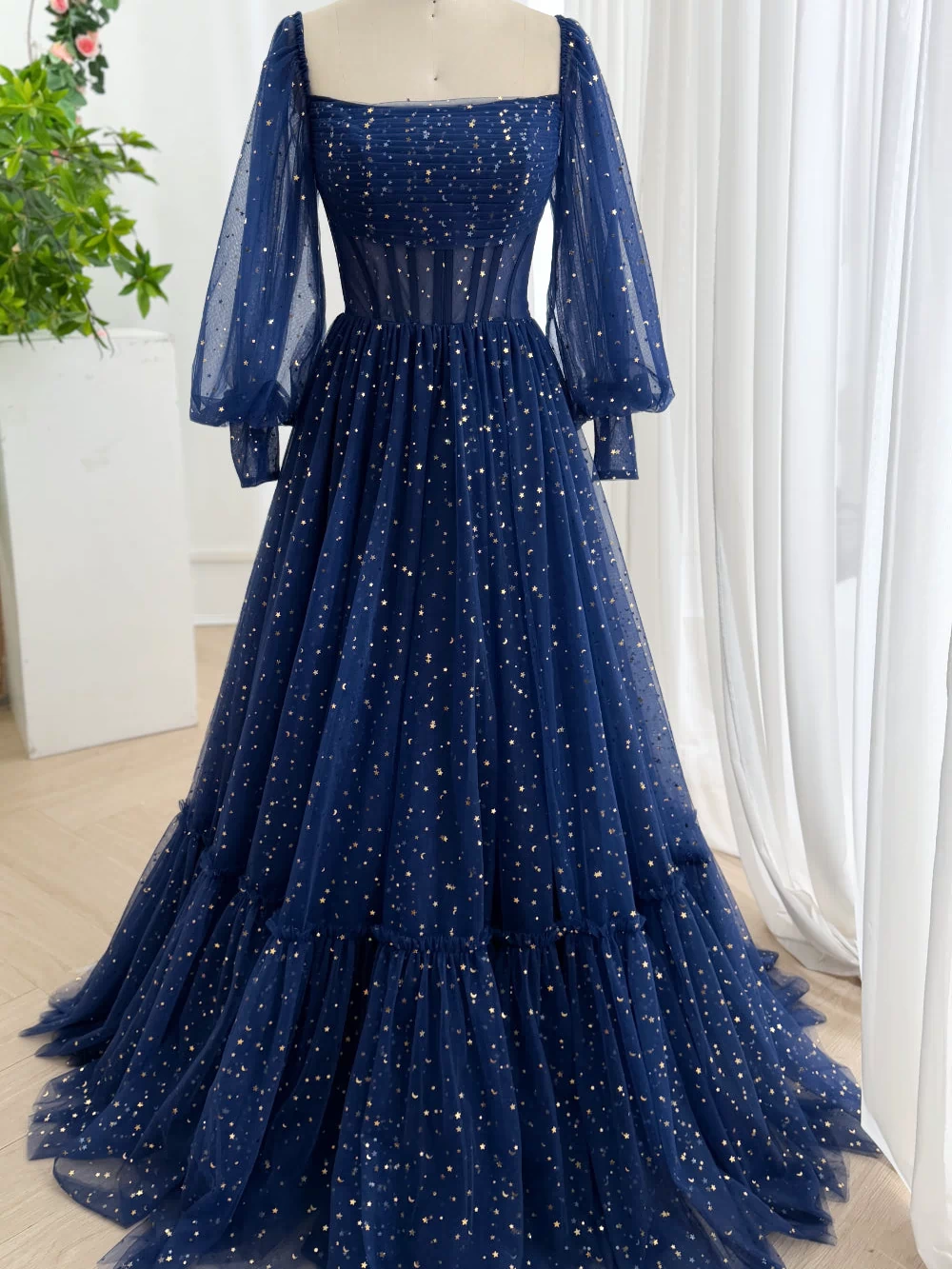 Midnight Blue Celestial Star Tulle Ball Gown with Puff Sleeves