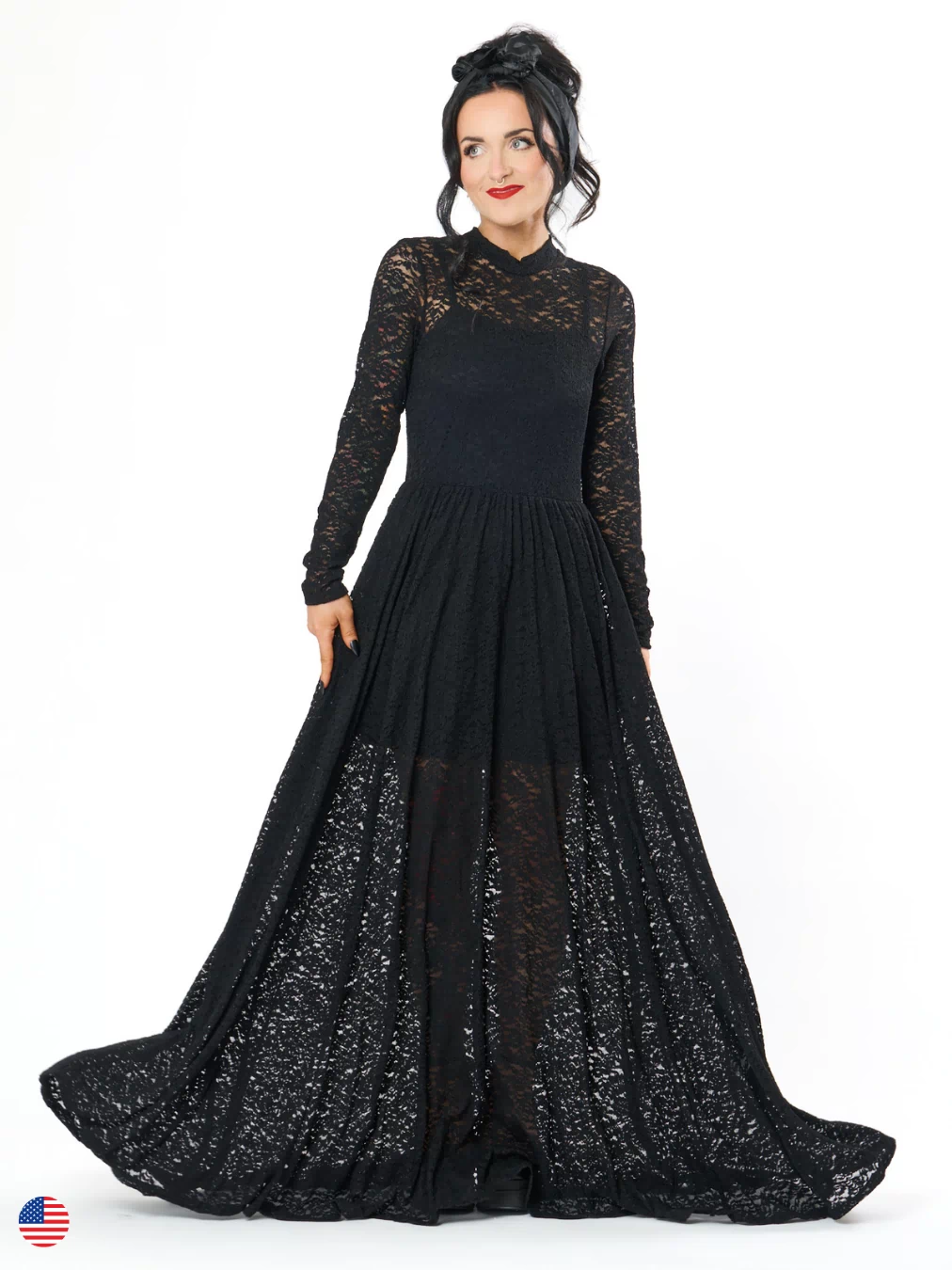 MIDNIGHT LACE MESH MAXI DRESS IN BLACK