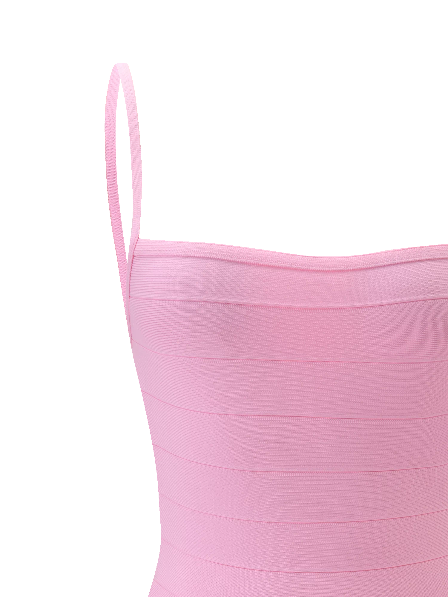 Close-up of the TIGERMIST MIDORI BANDAGE MINI DRESS in baby pink, featuring a sleeveless design, thin shoulder straps, and a horizontal ribbed texture against a plain white background.