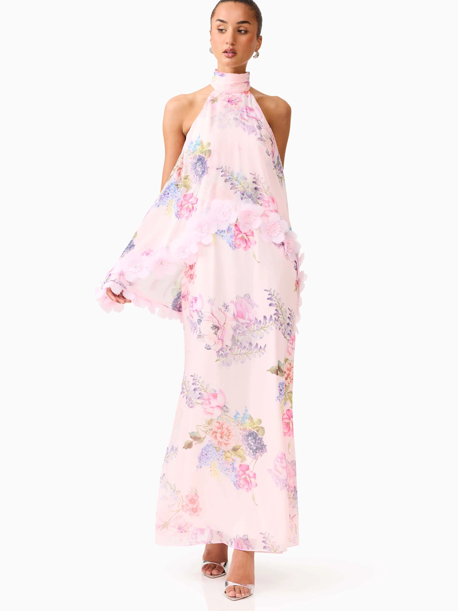 Brunette model wearing the Millie Tiered Gown in Pink Floral posed shot 
